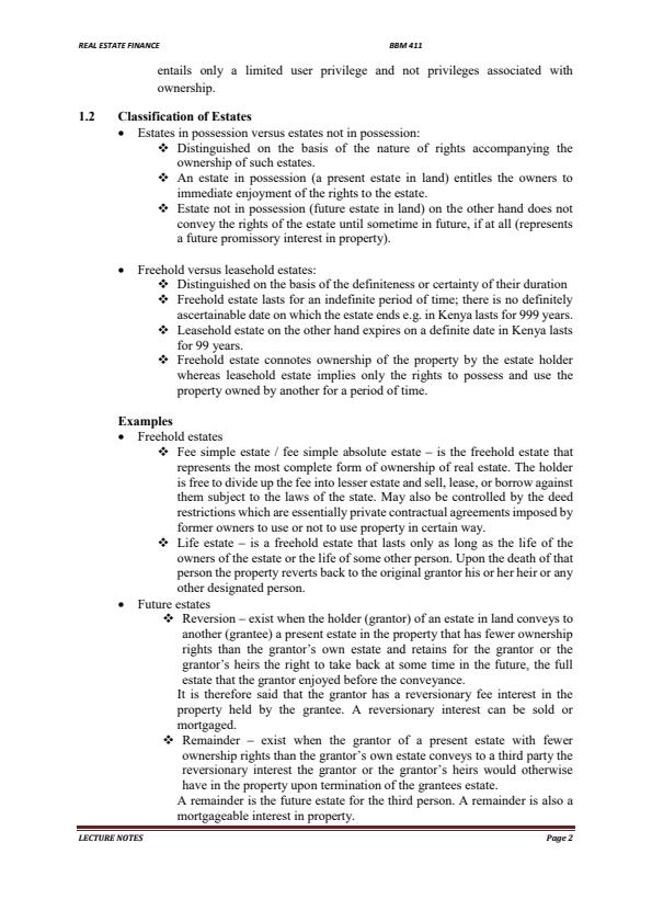 Page 2 – BBM 411: Real Estate Finance Notes – Kenyaplex