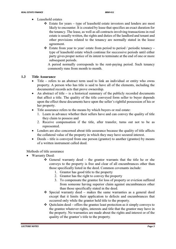 Page 3 – BBM 411: Real Estate Finance Notes – Kenyaplex