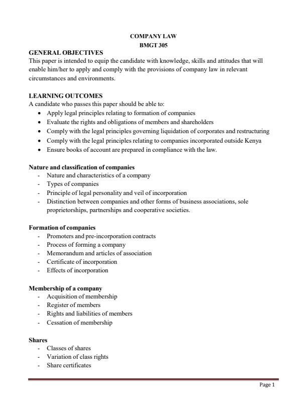 Page 1 – Company Law Notes – Kenyaplex
