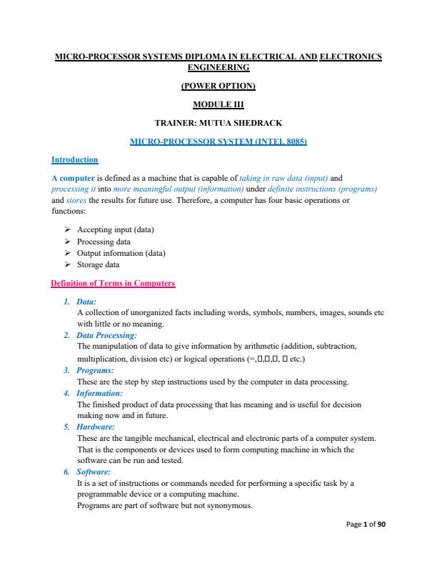 Page 1 – Microprocessor Systems and Micro-Electronics Notes for Diploma in Electrical and Electronics Engineering – Kenyaplex