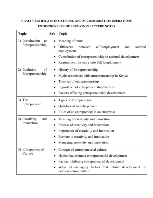 Page 1 – Craft certificate in catering and accommodation operations: entrepreneurship education lecture notes – Kenyaplex