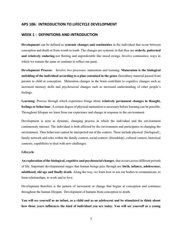 Page 1 – APS 106: Introduction to Life Cycle Development Notes – Kenyaplex