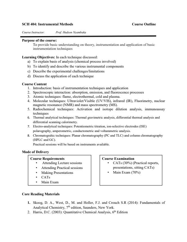 Page 1 – SCH 404: Instrumental Methods Notes – Kenyaplex