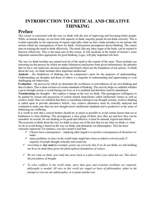 Page 1 – Introduction to Critical and Creative Thinking Notes – Kenyaplex