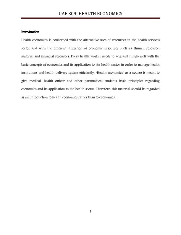 Page 1 – UAE 309: Health Economics Notes – Kenyaplex
