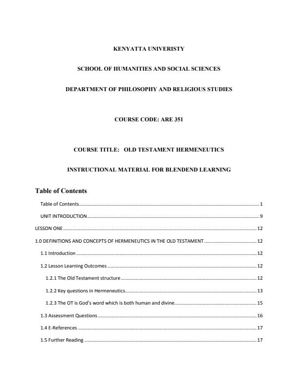 Page 1 – ARE 351: Old Testament Hermeneutics – Kenyaplex