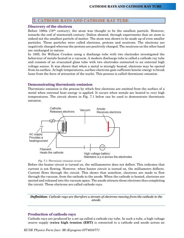Page 1 – Form 4 Physics Notes on Cathode Rays and Cathode Ray Tube – Kenyaplex