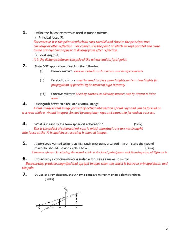 Form 2 Physics Sample Questions and Answers on Reflection at Curved