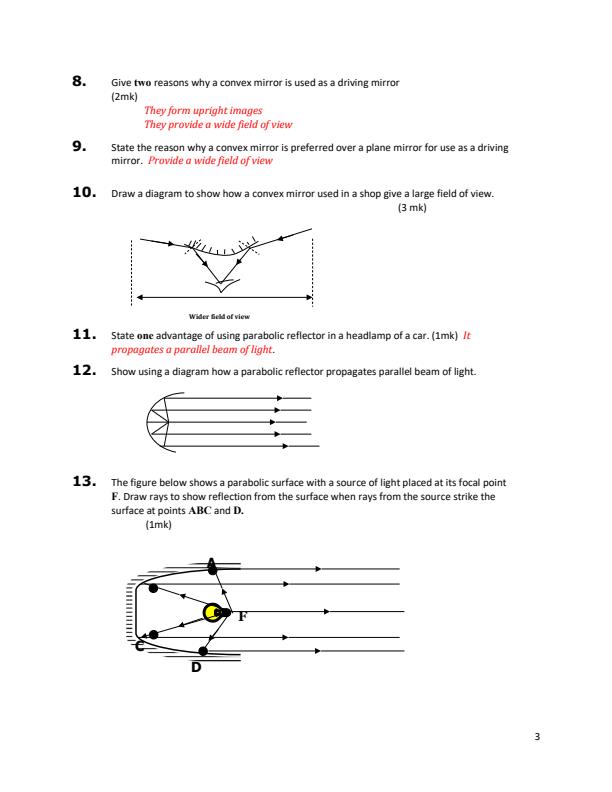 Form 2 Physics Sample Questions and Answers on Reflection at Curved