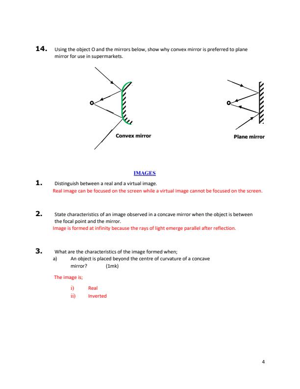 Form 2 Physics Sample Questions and Answers on Reflection at Curved