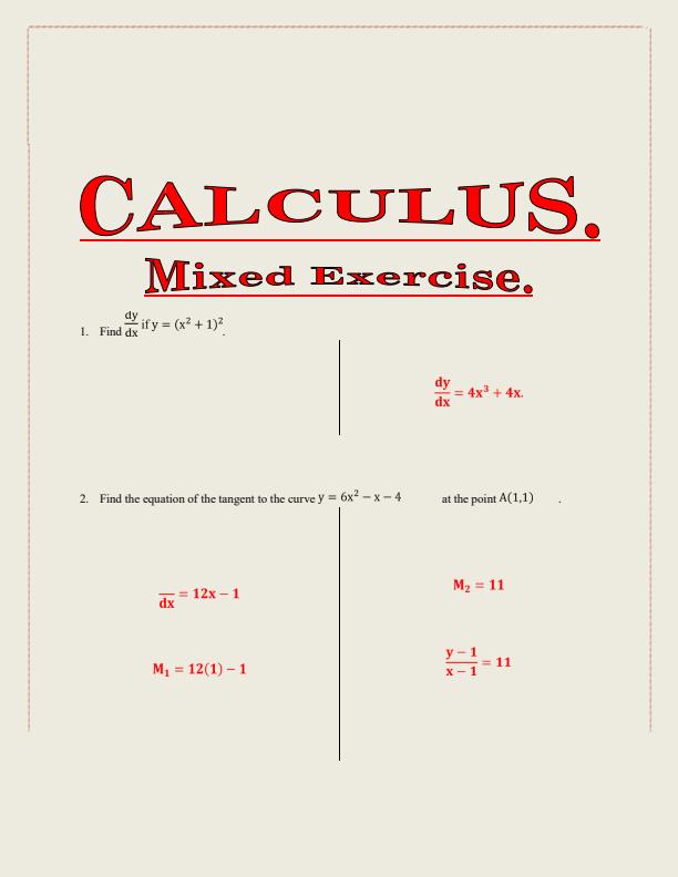 Page 1 – Form 4 Mathematics Calculus Mixed Exercise: Questions and Answers – Kenyaplex