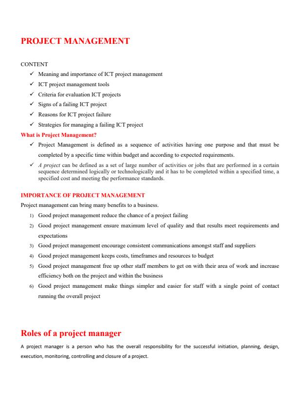 Page 1 – Diploma in ICT: Project Management Notes – Kenyaplex