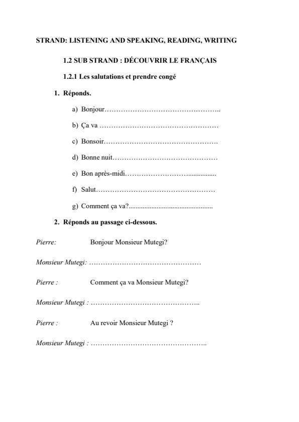 Page 1 – Grade 4 French: Sub Strand - Les salutations (Greetings in French) – Kenyaplex