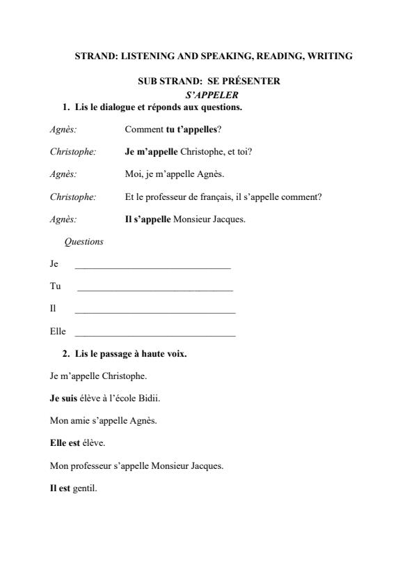 Page 1 – Grade 4 French: Sub Strand - Se présenter – Kenyaplex