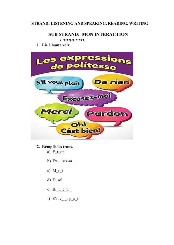 Page 1 – Grade 4 French: Sub Strand - L