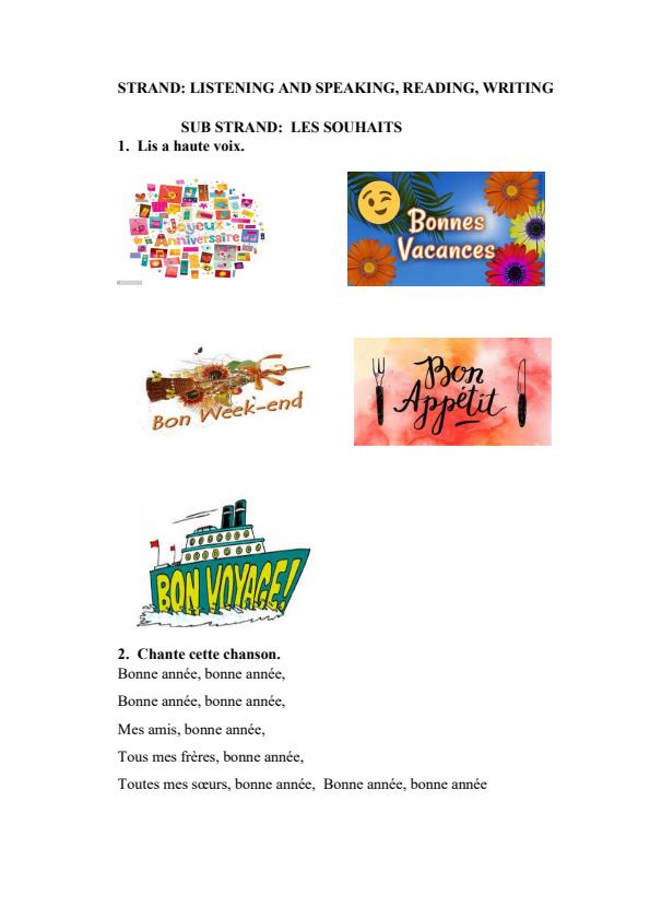 Page 1 – Grade 4 French: Sub Strand - Les souhaits, Goûts et Dégoûts – Kenyaplex
