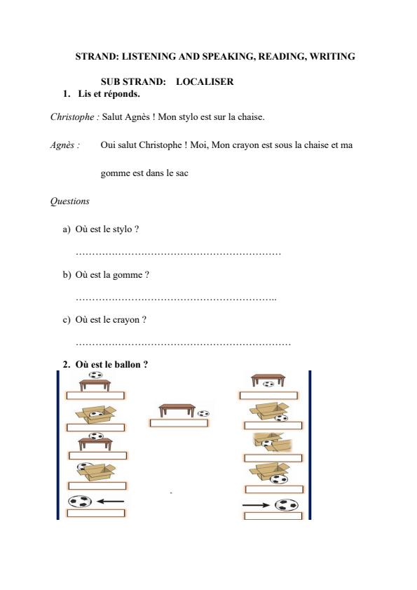 Page 1 – Grade 4 French: Sub Strand - Localiser, Les sentiments – Kenyaplex