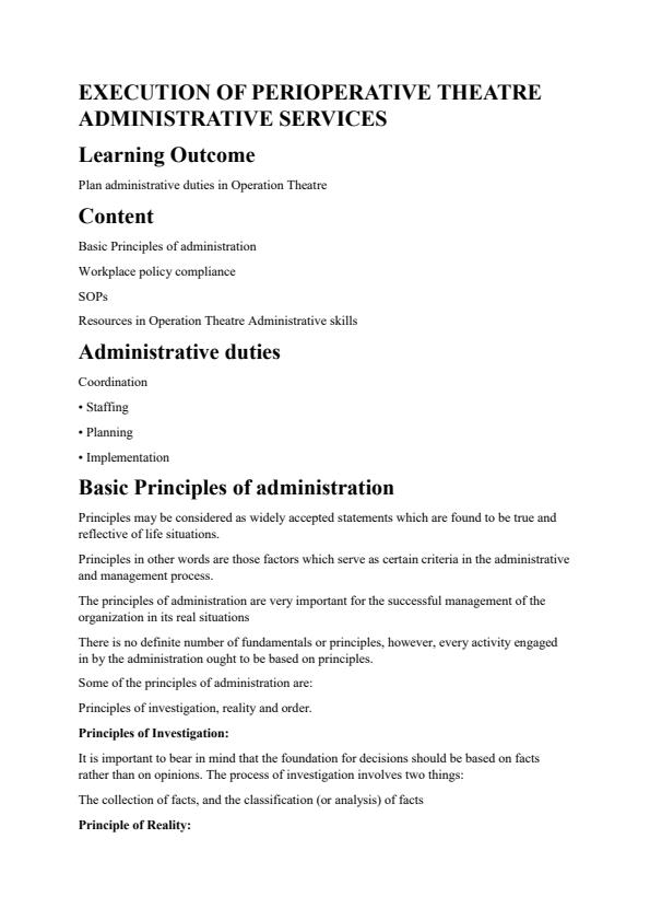 Notes on Execution of Perioperative Theatre Administrative Services 12057