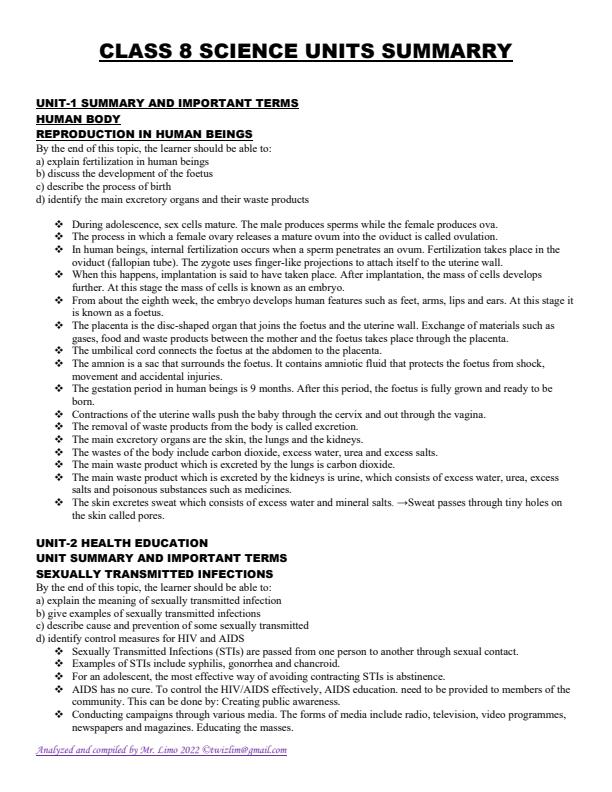 Class 8 Science Units Summary 12070