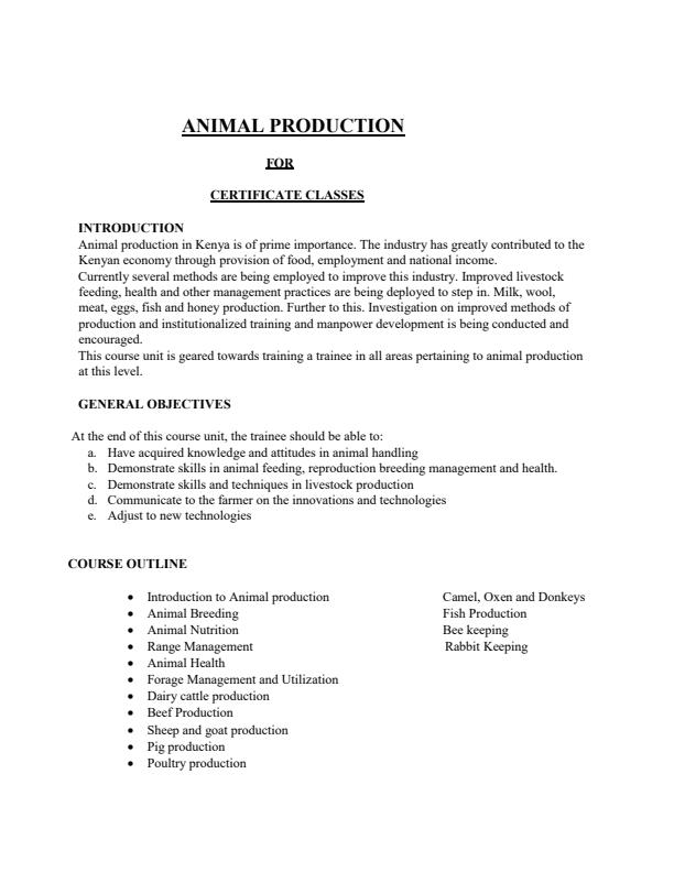 Animal Production Notes For Certificate Classes - 12170