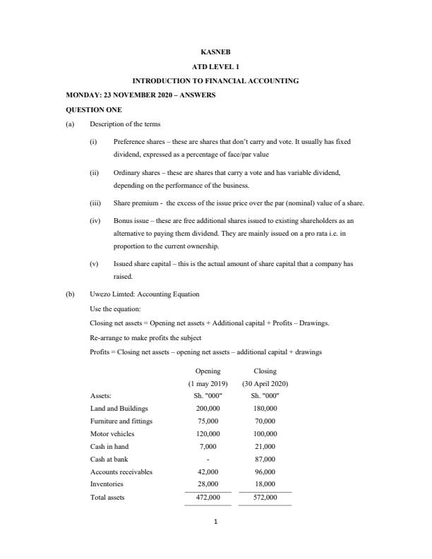 Page 1 – KASNEB Nov 2020 ATD Level 1 Introduction to Financial Accounting Answers – Kenyaplex