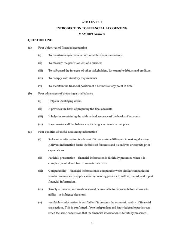 Page 1 – KASNEB May 2019 ATD 1 Intro to Financial Accounting Answers – Kenyaplex