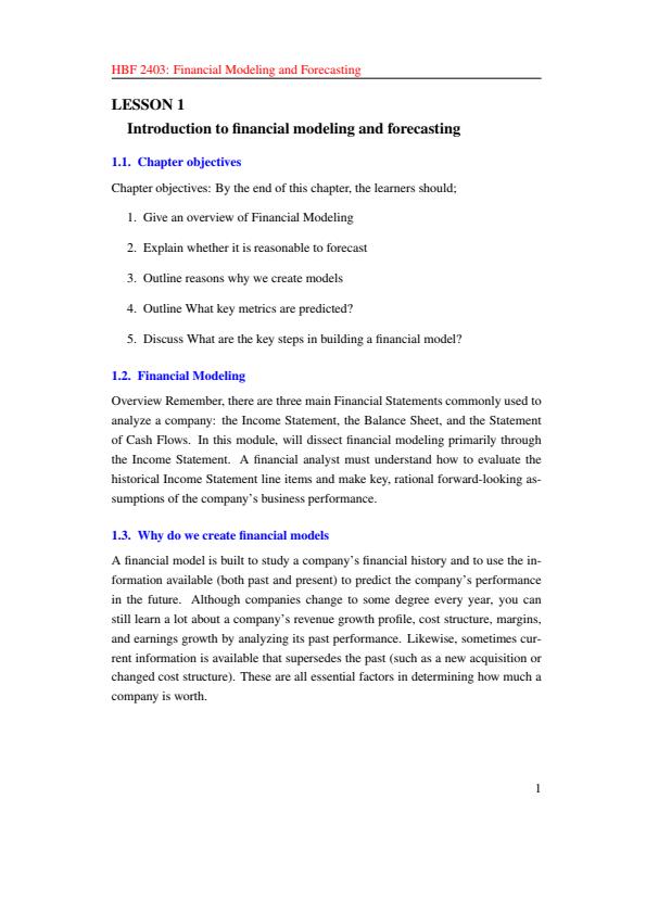 Page 1 – HBF 2403: Financial Modeling and Forecasting Notes – Kenyaplex