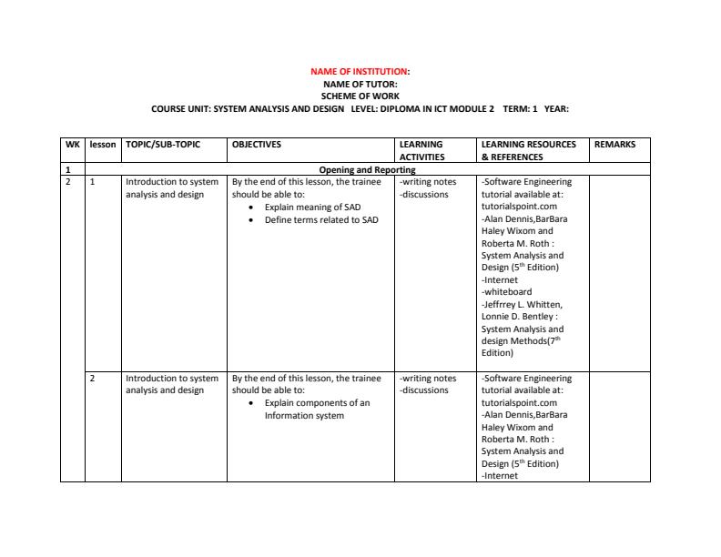Page 1 – KNEC Diploma in ICT: System Analysis and Design Schemes of Work Module 2 Term 1, 2 and 3 – Kenyaplex