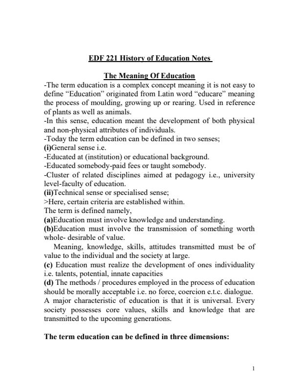 EDF 211 History of Education Notes for Bachelor of Education 12325