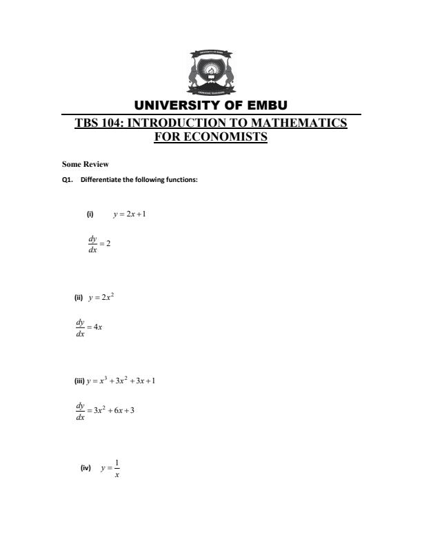Page 1 – TBS 104: Introduction to Mathematics of Economics Sample Questions and Answers – Kenyaplex