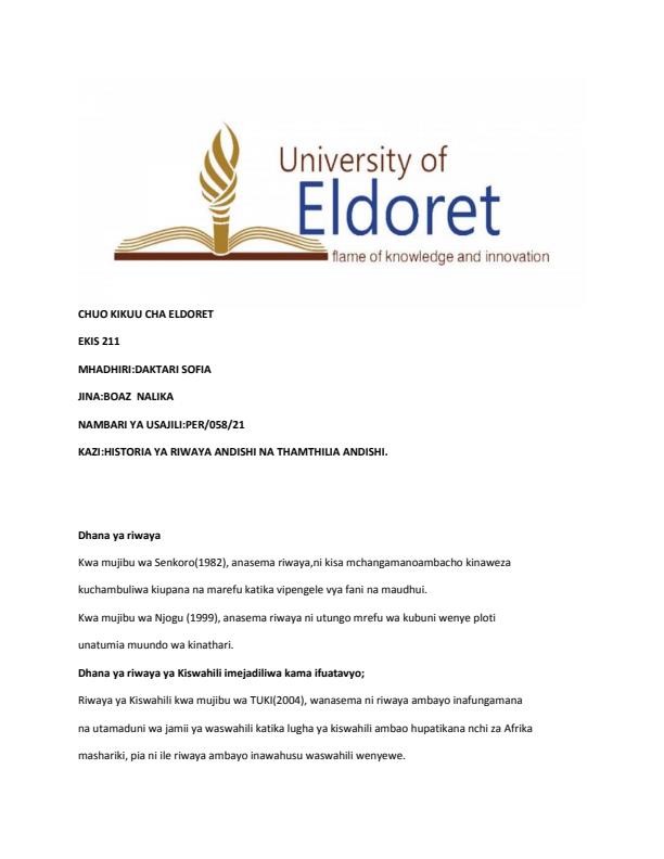Page 1 – Historia ya Riwaya Andishi na Tamthilia Andishi. – Kenyaplex