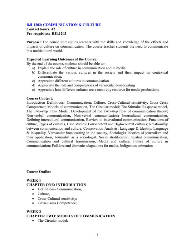 Page 1 – BJL1203: Communication and Culture Notes – Kenyaplex