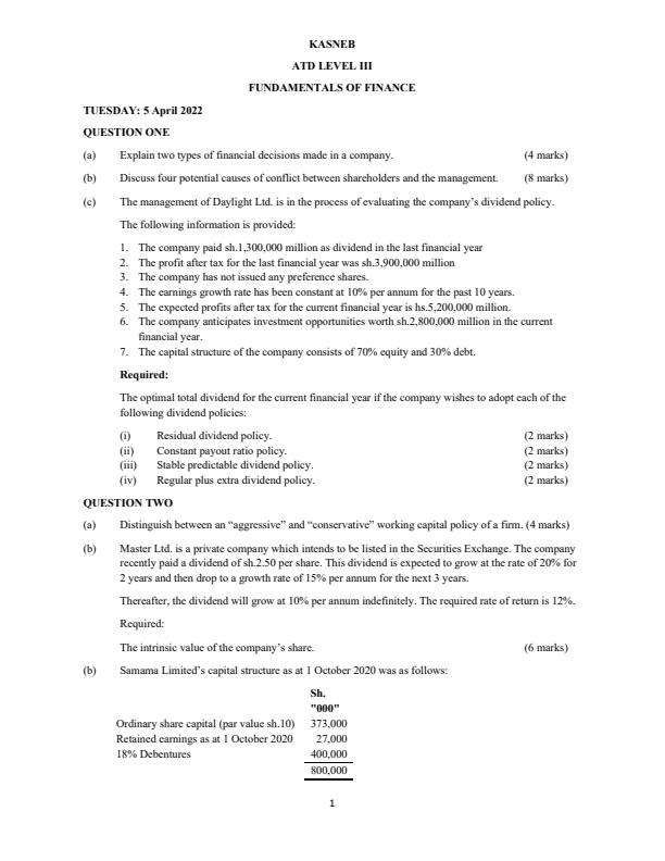 Page 1 – KASNEB ATD Level III Fundamentals of Finance Questions and Answers April 2022 – Kenyaplex