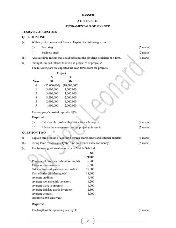 Page 2 – Fundamentals of Finance Revision Guide - Questions and Answers ATD Level III – Kenyaplex