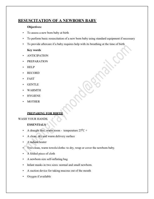 Page 1 – Notes on birth/delivery preparation and procedures on newborn resuscitation with pictorials  – Kenyaplex