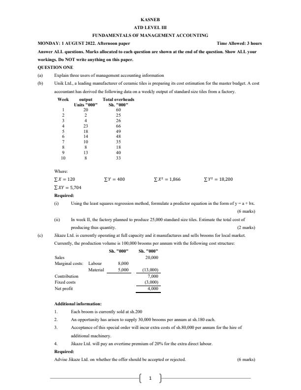ATD Level III Fundamentals of Management Accounting Questions and