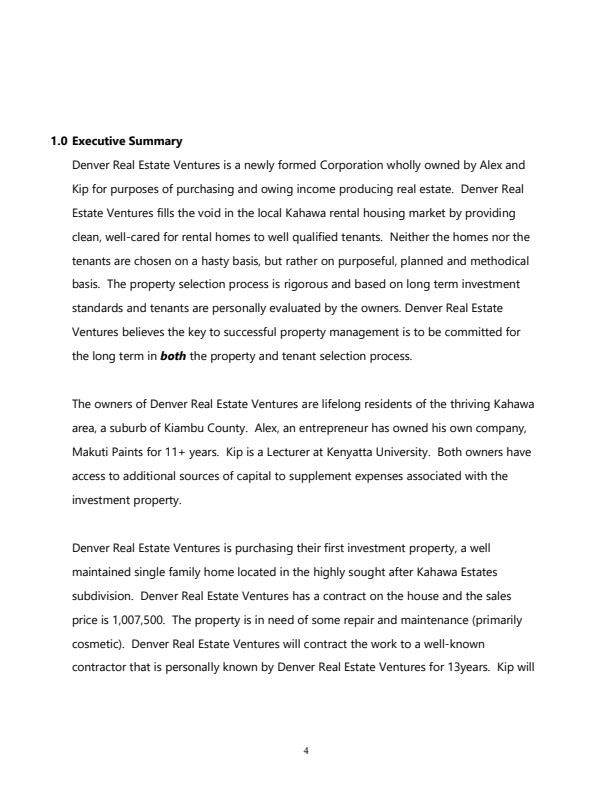 Page 3 – Sample Real Estate Business Plan – Kenyaplex