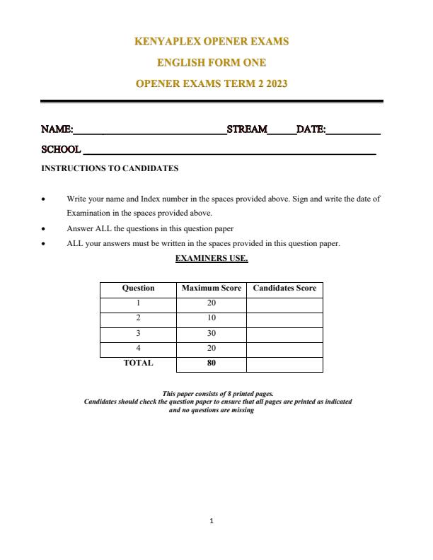 2023 Form 1 English Term 2 opener exams Set 1 (with marking scheme) 13874