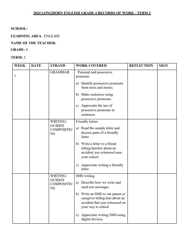 Page 1 – 2024 Grade 4 English Records of Work Term 2 - Longhorn  – Kenyaplex