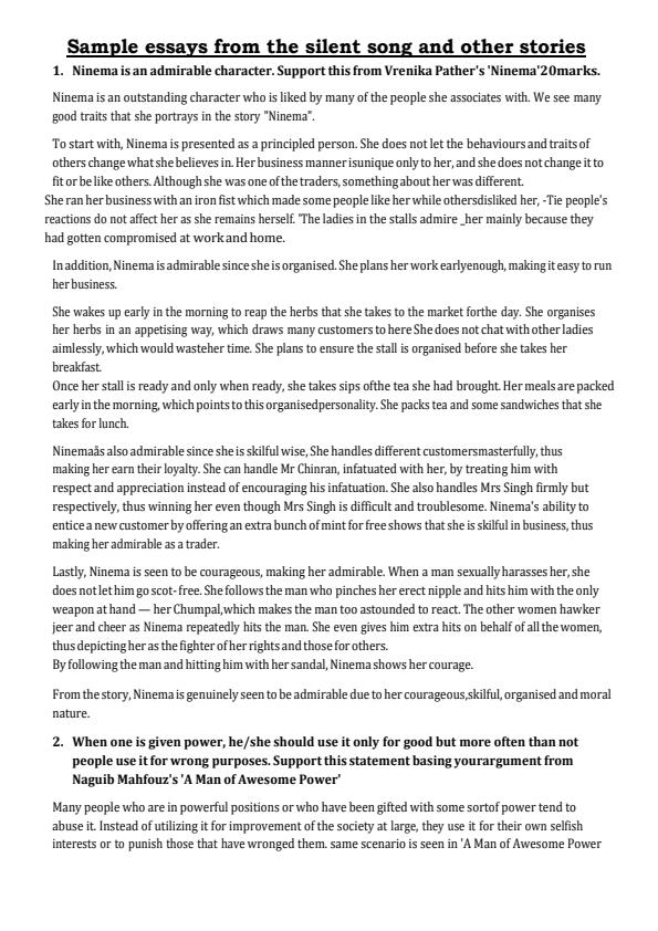 Page 1 – 2024 Sample essays and answers for silent song and other stories setbook – Kenyaplex