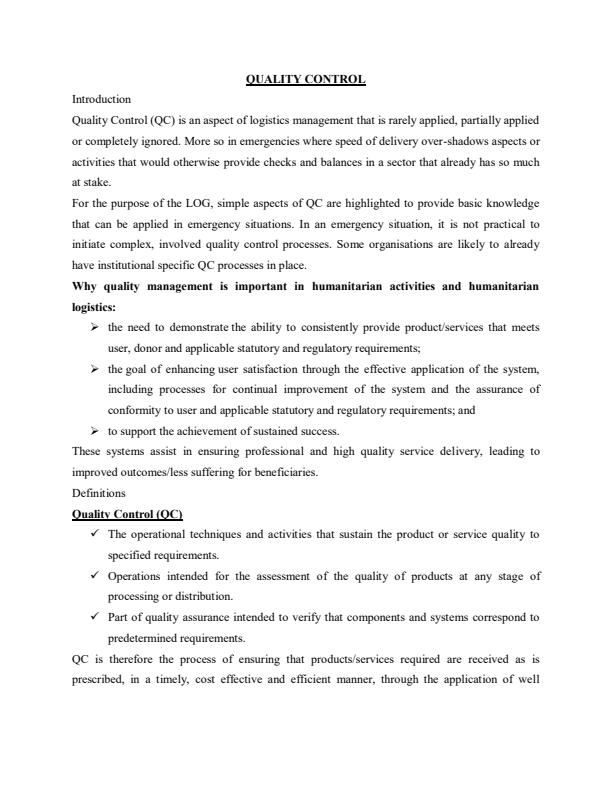 Page 1 – Logistics Management Notes on Quality Control – Kenyaplex