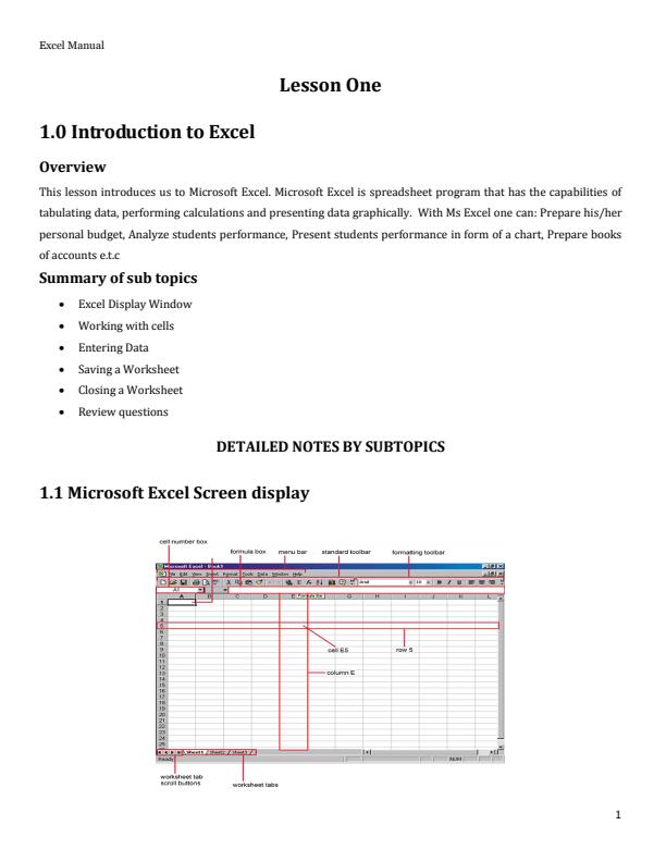 Page 1 – New Computer Packages: Microsoft Excel Training Manual - Notes – Kenyaplex