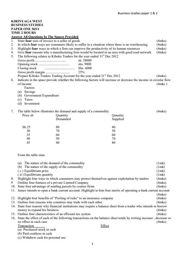 Page 1 – KCSE  Consolidated Trial Examinations Business Studies Booklet – Kenyaplex