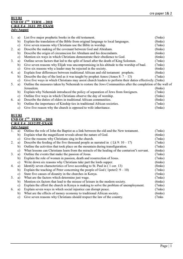 Page 1 – KCSE  Consolidated Trial Examinations CRE Booklet – Kenyaplex