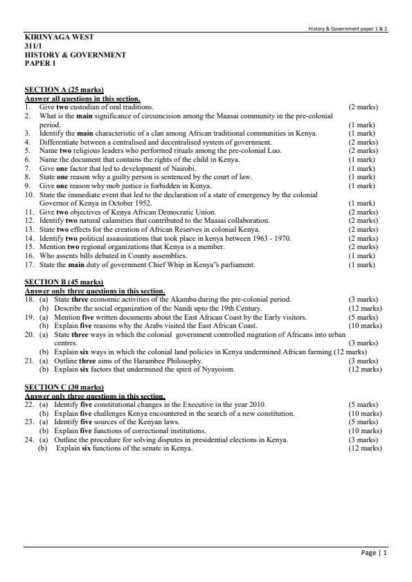 Page 1 – KCSE  Consolidated Trial Examinations History and Government Booklet – Kenyaplex