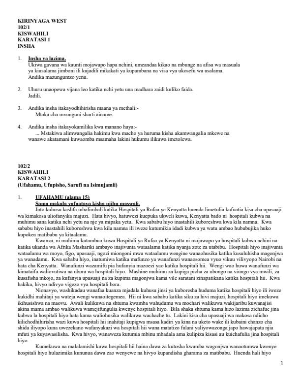 Page 1 – KCSE  Consolidated Trial Examinations Kiswahili Booklet – Kenyaplex