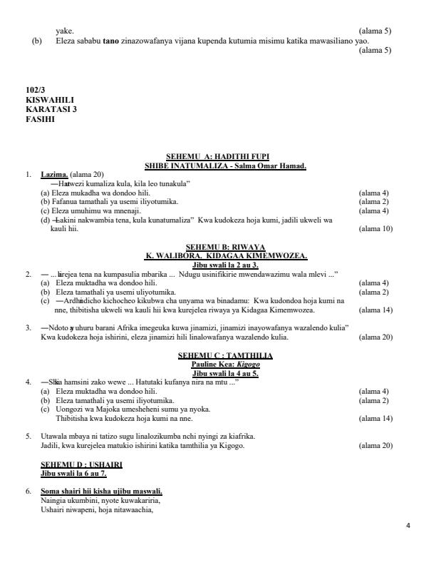 Page 4 – KCSE  Consolidated Trial Examinations Kiswahili Booklet – Kenyaplex