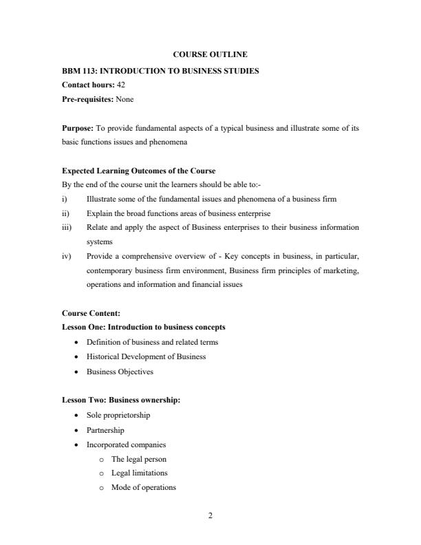 Page 1 – BBM 113: Introduction to Business Studies Notes – Kenyaplex