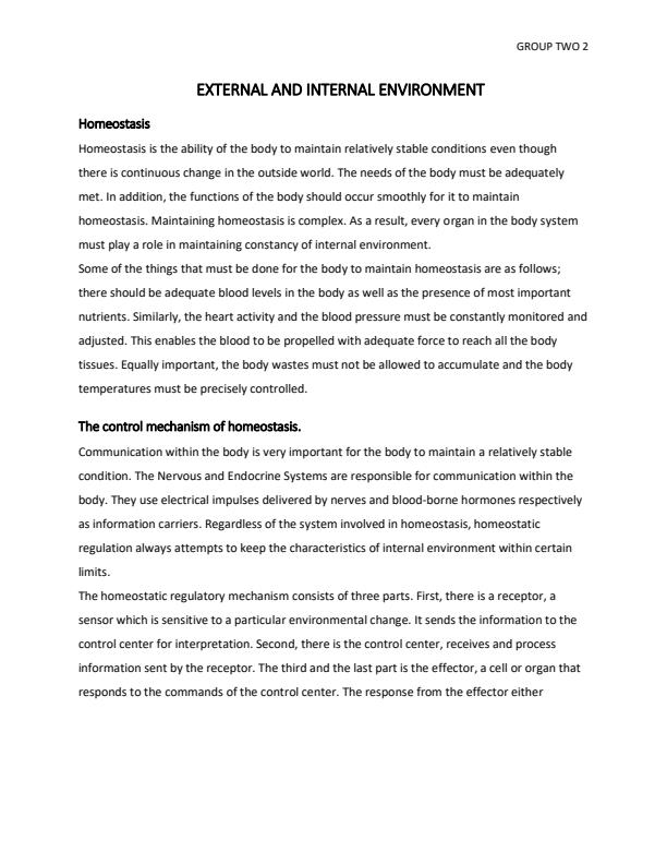 Page 1 – HPP 3150: Human Anatomy and Physiology Notes - Internal and External Environment – Kenyaplex