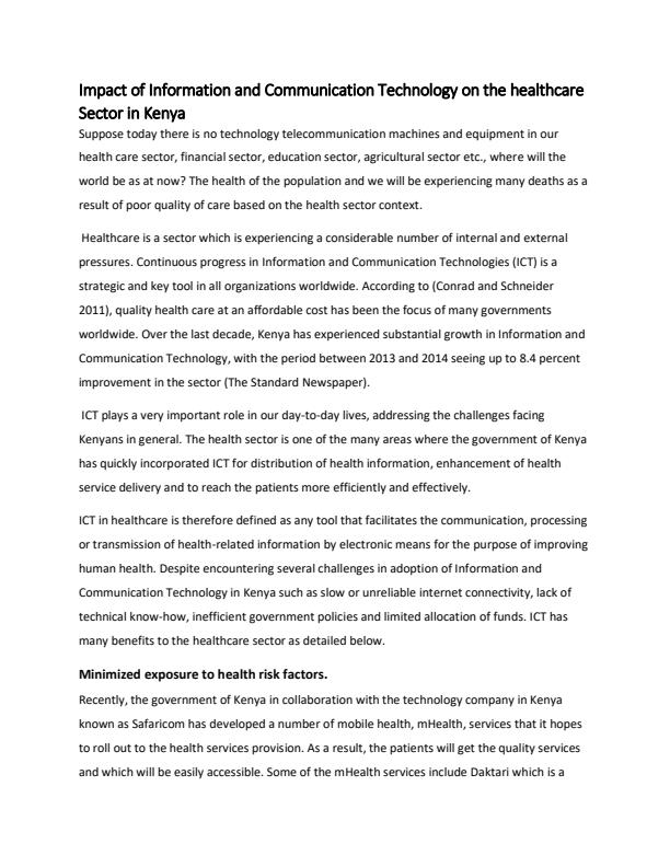 Page 1 – HPR 3151: Computer Applications in Healthcare Notes - Impacts of Information and Communication Technology in Healthcare in Kenya – Kenyaplex